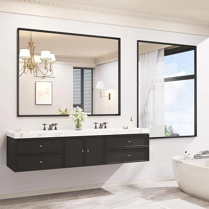 JISOSO Bathroom Vanity Mirror 48x36 Inch, Matte Black Rectangle Bathroom Mirror, Anti-Rust, 4MM Tempered Glass, Wall-Mounted Mirror, Hangs Horizontally or Vertically for Bathroom & Bedroom - ModernBath