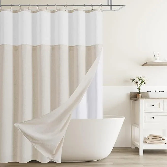 Naturoom Beige Linen Shower Curtain with Snap in Liner Set Rustic Farmhouse Shower Curtains for Bathroom 200GSM Textured Cream Burlap Cloth Double Bath Curtains with See Through Top Window 72x72 - ModernBath