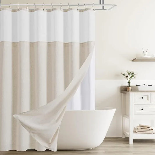 Naturoom Beige Linen Shower Curtain with Snap in Liner Set Rustic Farmhouse Shower Curtains for Bathroom 200GSM Textured Cream Burlap Cloth Double Bath Curtains with See Through Top Window 72x72 - ModernBath