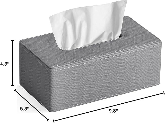 GOLRANLYE Tissue Box Cover Rectangular 9.8"(L) x 5.3"(W) x 4.3"(H) Refined Modern PU Leather Facial Tissue Dispenser Box Holder for Dresser Bathroom Decorative (Linen Grey) - ModernBath