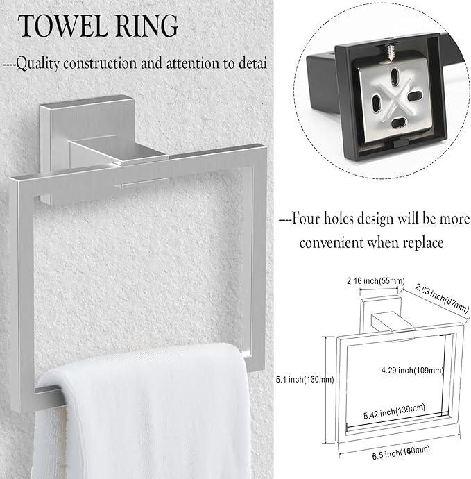 BOZWELL 5 Piece Brushed Nickel Stainless Steel Towel Bar Set, 23.6 inch Square Bathroom Hardware Accessories Set,Wall Mounted Towel Racks for Bathroom - ModernBath
