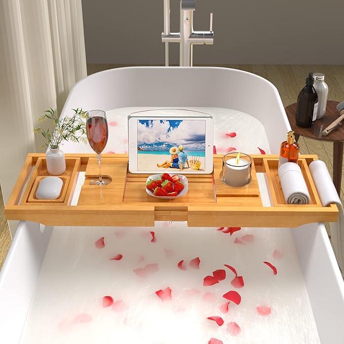 Artmalle Bathtub Caddy Tray for Tub,Foldable Bamboo Bath Table Tray with Book and Wine Glass Holder, Free Soap Dish Suitable for Luxury Spa or Reading,Natural - ModernBath