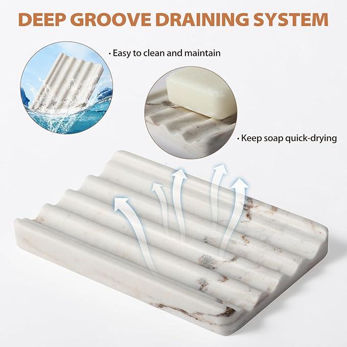 2PCS Koville Italian Natural Marble Soap Dish for Shower, Multi-Color Stone Soap Tray for Bathroom, Bar Soap Holder for Sink, Stripe Grooves Soap Saver Sponge Holder (White/Brown Random) - ModernBath