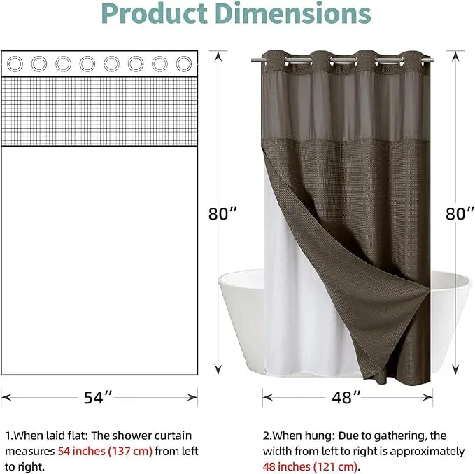 eachope Brown No Hook Waffle Weave Shower Curtain with snap-in Liner Replacement, 230GSM Waterproof Fabric Hotel Shower Curtain Set for Bathroom, Through Mesh Top Window,54Wx80H - ModernBath