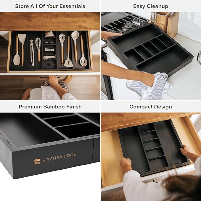 KitchenEdge Adjustable Kitchen Drawer Organizer for Utensils and Junk, Food-Safe Contract Grade with 100% Sustainable Wood, Expandable from 19 to 33 Inches Wide - Black Bamboo - ModernBath