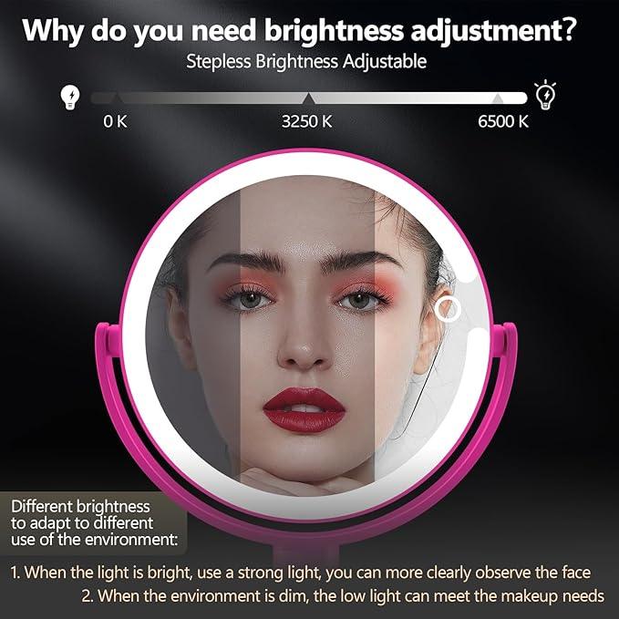 MIYADIVA Makeup Mirror with Lights, 30X Magnifying Mirror with Light and Touch Switch, Vanity Mirror with 3 Color Light and 80 LEDs, Height Adjustable Desk Mirror with Lights, Hot Pink - ModernBath