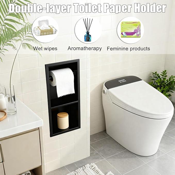 Recessed Toilet Paper Holder, Matte Black Toilet Paper Roll Holder Built-in Bathroom Tissue Roll Holder with Storage, Stainless Steel，Rust-Proof and Space-Saving - ModernBath