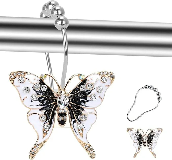 Elerslodia Butterfly Decorative Shower Curtain Hooks,Black and White,12 Pieces,Roller Ball, Stainless Steel,Insect Decor,Shower Rings,Bathroom Set,Rustproof,Home Living & Bathroom Decor,Gift - ModernBath