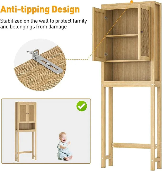 knoworld Rattan Over The Toilet Storage Cabinet, Above Toilet Bathroom Organizer with Adjustable Shelf, Behind Toilet Cabinet, Space Saver for Restroom, Bathroom, Laundry, Wood Rack, Natural - ModernBath