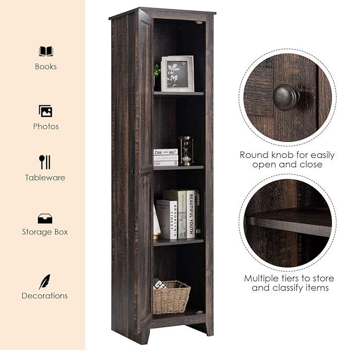 Giantex Tall Storage Cabinet Free Standing Floor Storage Tower with Four Shelves and Single Door, Narrow Cabinet for Bedroom, Living Room, Bathroom 17x16x72 Inch Utility Storage Cabinet (Coffee) - ModernBath
