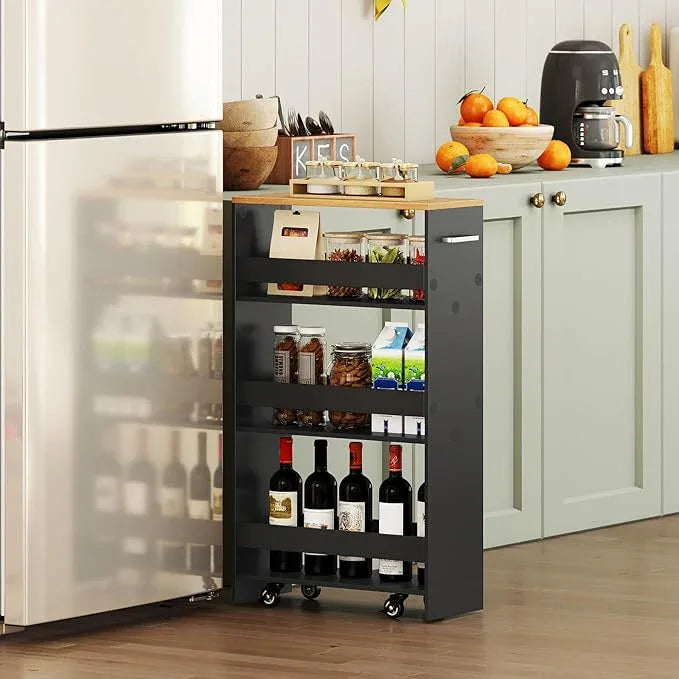 Small Kitchen Cart, 4-Tier Slim Rolling Island w/Handle, Laundry Room Storage Organizers Between Washer and Dryer, Narrow Spice Rack on Wheels Next to Fridge (Black, 8'') - ModernBath