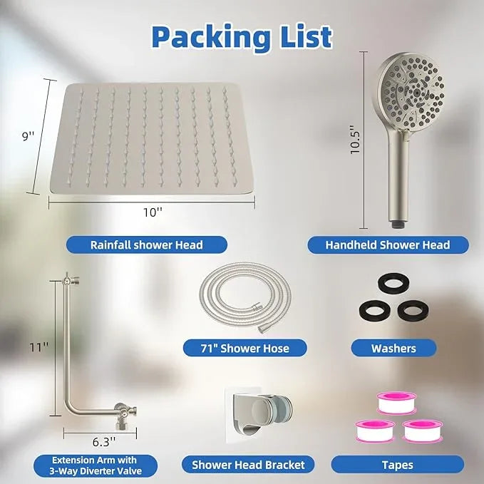 All Metal Shower Head, 10" High Pressure Rainfall/Handheld Shower Combo with 11" Extension Arm, 10-Spray Handheld Showerhead, 71" Long Hose, 3-Way Diverter Valve, Brushed Nickel - ModernBath