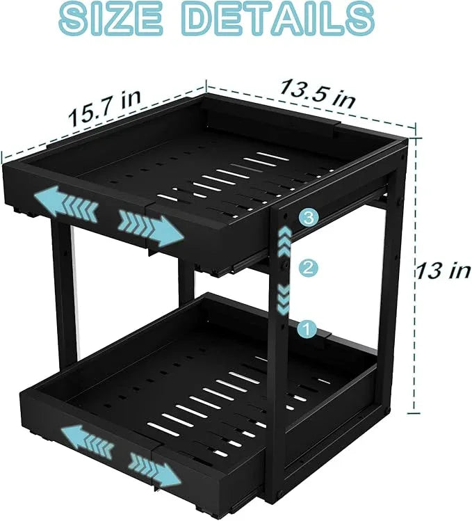 Golener 2-Tier Expandable Pull Out Cabinet Organizer - Pull-Out Drawers for Kitchen Cabinets, 2 Slide Home Storage Organizers, Slide Out Shelves for Base Cabinet Organization in Kitchen, Black Metal - ModernBath