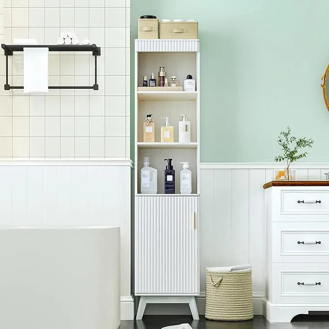 68" Tall Bathroom Storage Cabinet,Narrow Fluted Tower Cabinet with Door and Shelves,Slim Space Saving Storage Unit for Bathroom Kitchen Living Room (White, 11.8" D x 15.75" W x 68" H) - ModernBath