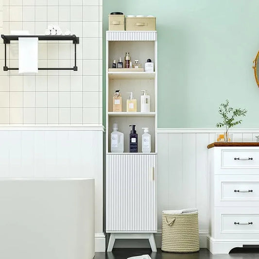 68" Tall Bathroom Storage Cabinet,Narrow Fluted Tower Cabinet with Door and Shelves,Slim Space Saving Storage Unit for Bathroom Kitchen Living Room (White, 11.8" D x 15.75" W x 68" H) - ModernBath