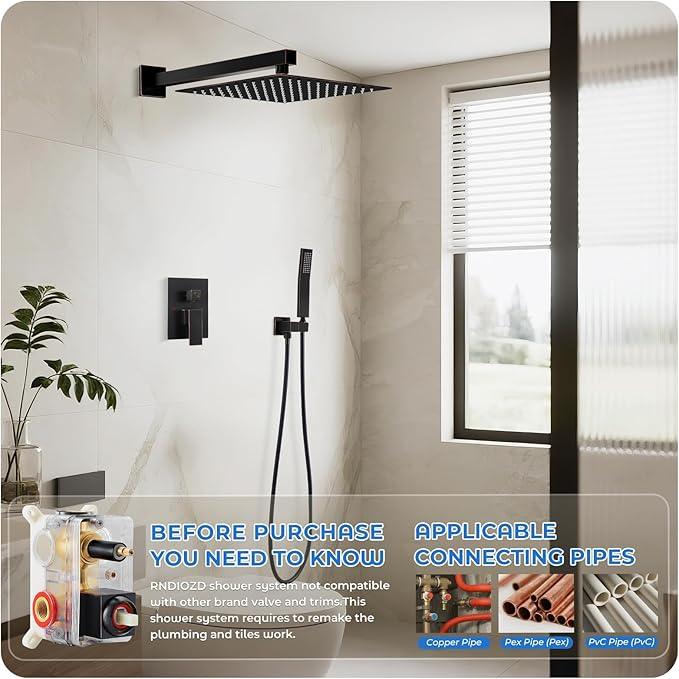RNDIOZD ORB Shower Faucet Set, 10 inch Rain Shower System with Pressure Balance Valve, Wall Mounted 2-Functions Bathroom Shower Systems with Rain Shower and Handheld Spray Shower Trim Included - ModernBath