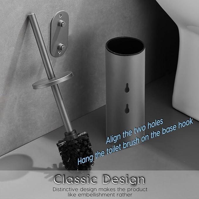 Stainless Steel Toilet Brush and Holder Set, No-Punch Hook Base Dual Purpose Toilet Brush Holder with Removable Inner Bucket and Splash Cover - Soft Bristles (Gray) - ModernBath