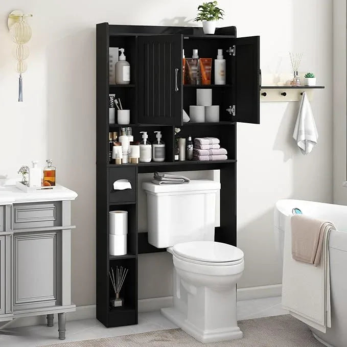 Vabches Over The Toilet Storage Cabinet, Farmhouse Storage Cabinet Over Toilet with Barn Door, Home Space-Saving Toilet Rack, for Bathroom, Restroom, Laundry（Black）. - ModernBath