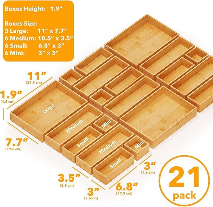SpaceAid 21-Piece Bamboo Drawer Organizer Storage Boxes Set, Wood Tray Junk Drawer Organizers Multi-Use Divider Bins for Kitchen, Bathroom, Office Desk and Makeup Organization (21 Pack, Natural) - ModernBath