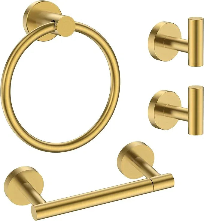 FORIOUS 4 Piece Bathroom Accessories, SUS304 Stainless Steel Double Post Pivoting Toilet Paper Holder, Towel Ring and 2 Towel Hooks, Wall Mounted Bathroom Hardware Set (Dark Gold) - ModernBath