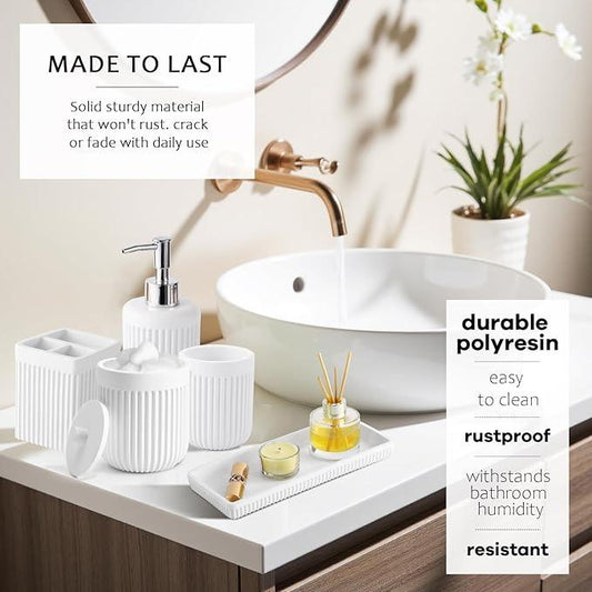 XLHOMO 8-Piece White Bathroom Set - Resin Bathroom Accessories Sets Complete with Shower Curtain and Rugs, Soap Dispenser, Toothbrush Holder, Cup, Tray & Cotton Swab Jars - ModernBath