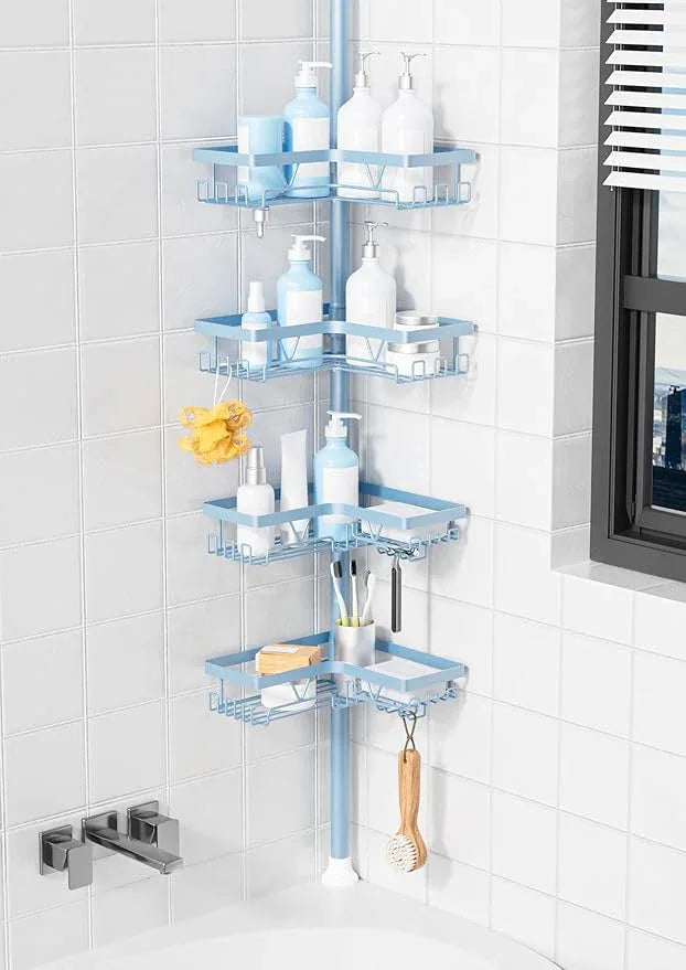 KEGII Shower Caddy Tension Pole, 4-Tier Rustproof Adjustable Corner Bathroom Organizer for Renters, 25–114.2 Inch No Drill Space-Saving Shower Storage Rack, Blue - ModernBath