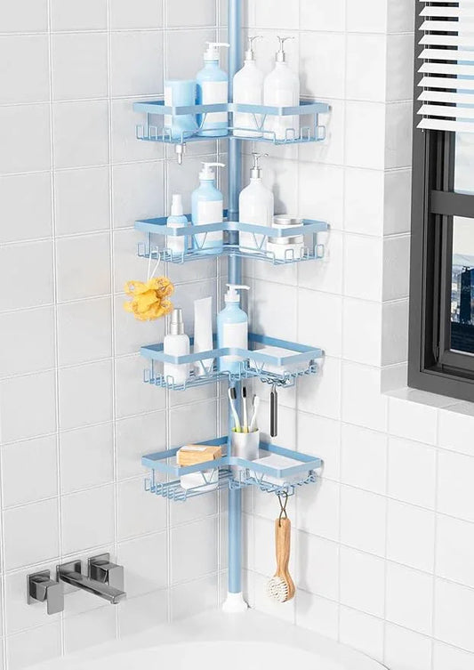 KEGII Shower Caddy Tension Pole, 4-Tier Rustproof Adjustable Corner Bathroom Organizer for Renters, 25–114.2 Inch No Drill Space-Saving Shower Storage Rack, Blue - ModernBath