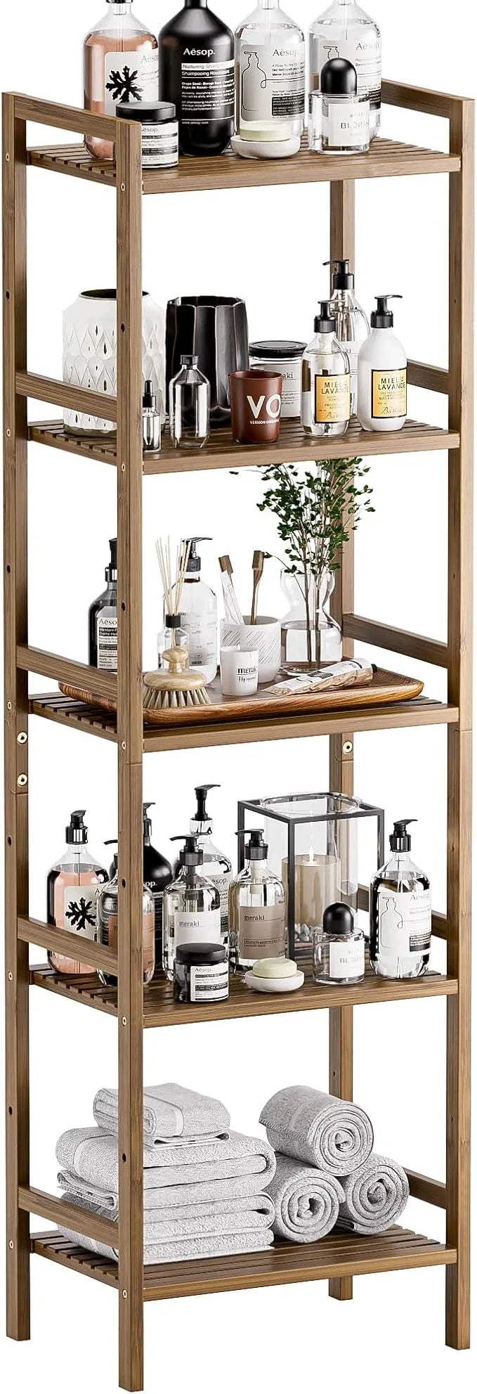 HITNET Bamboo Book Shelf, Tall Narrow Bookcase, Bathroom Shelving Unit 5 Tier Floor Standing Adjustable Bookshelf for Small Spaces, Walnut - ModernBath