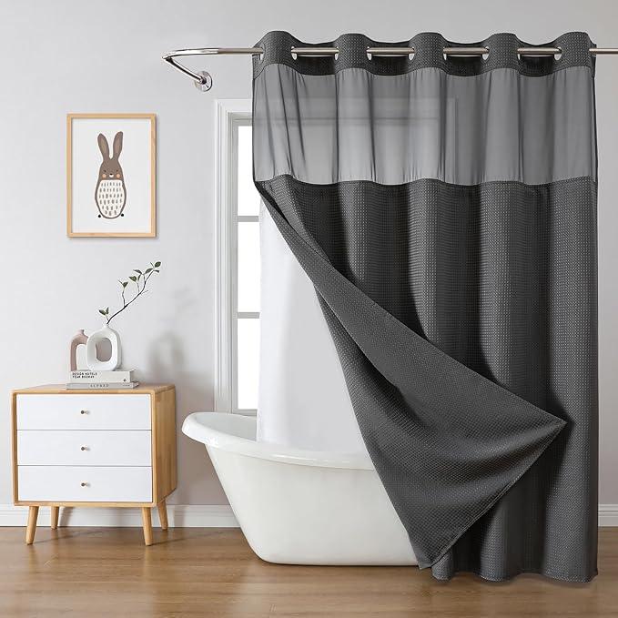 eachope Charcoal Grey Long No Hook Waffle Weave Shower Curtain with snap-in Liner Replacement, 230GSM Waterproof Fabric Hotel Shower Curtain Set for Bathroom, Through Mesh Top Window,71Wx80H - ModernBath