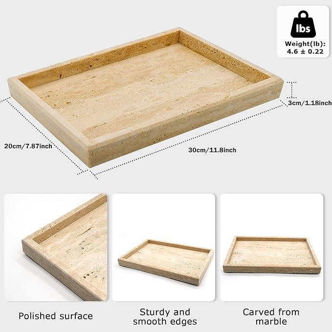 MULWR Travertine Tray,Bathroom Vanity Tray Non-Ceramic/Non-Resin,Marble Perfume Decorative Tray 12 x 8 inch (Travertine) - ModernBath