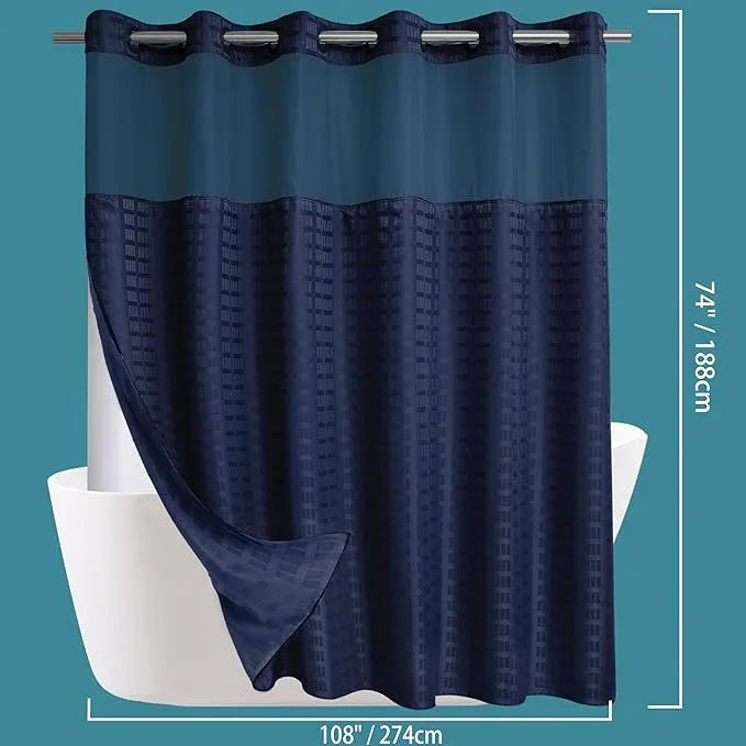 Conbo Mio Extra Wide No Hook Shower Curtain with Snap in Liner Set, 108" x 74" Hotel Luxury Navy Blue Shower Curtains for Bathroom with See Through Top Window, Waterproof, Washable 108W x 74H - ModernBath