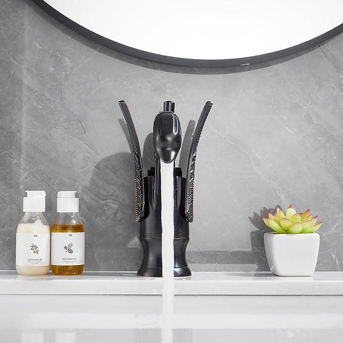 GGStudy Oil Rubbed Bronze Bathroom Faucet Swan Shape Single Handle One Hole Bathroom Vanity Faucet Basin Tap Deck Mount Lavatory - ModernBath