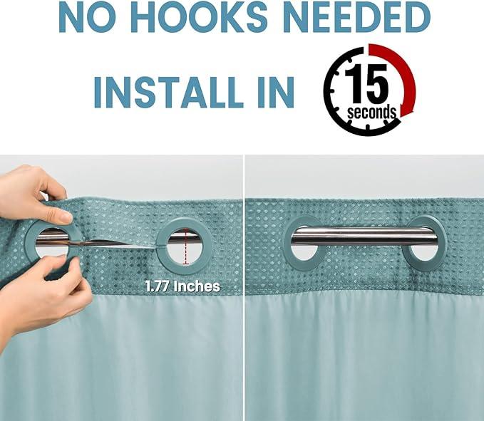 EUTXL Teal Stall No Hook Shower Curtain with Snap in Liner,230GSM Waffle Weave Shower Curtains for Bathroom,54W x 80H - ModernBath