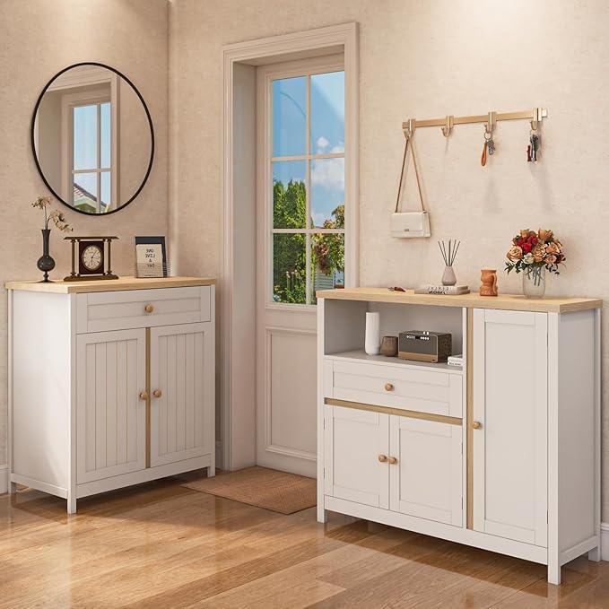 Storage Cabinet with Doors and Drawers,Kitchen Storage Cabinets，with Drawer and Adjustable Shelf（White） - ModernBath