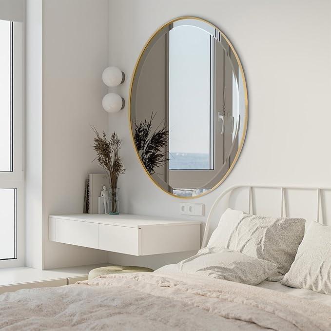 POZINO Brushed Gold Beveled Mirror, 24"x36" Brass Oval Mirrors, Bathroom Mirror for Over Sink, Modern Rounded Vanity Wall Mirrors in Premium Stainless Steel Frame, Hangs Horizontal Or Vertical - ModernBath