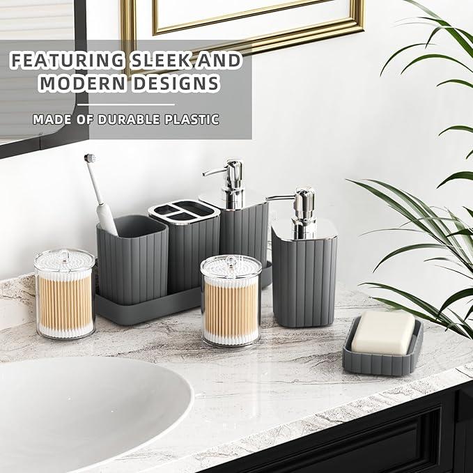 XLHOMO Bathroom Accessories Set- 25PC Grey Bathroom Set, Bathroom Set with Shower Curtain and Rugs, Shower Curtain Set, Toilet Brush, Trash Can, Qtip Holder Dispenser & Soap Dispenser - ModernBath