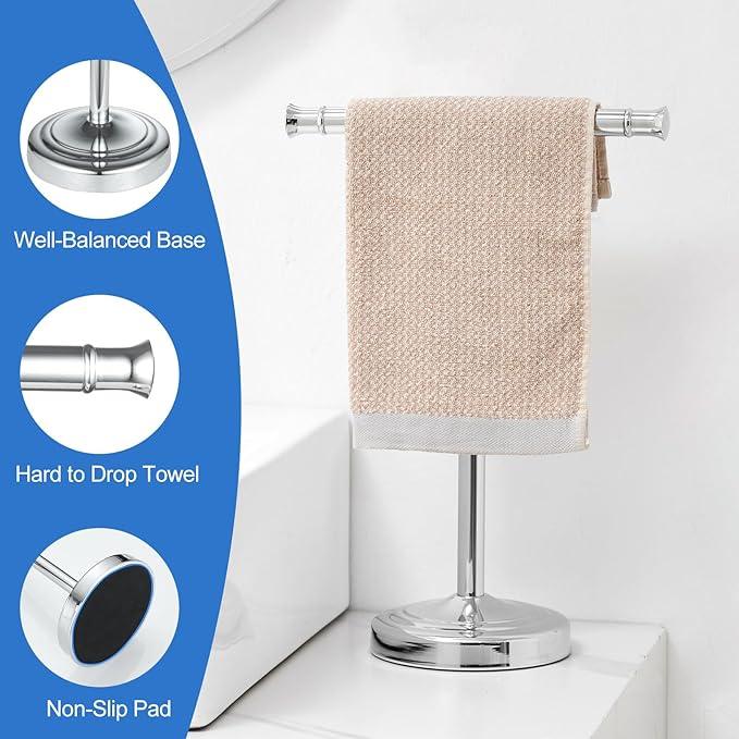 RUMOSE 13 Inch Polished Chrome Towel Stand Hand Towel Holder Bathroom Kitchen Vanity Countertop T-Shape Towel Rack Free Standing Stainless Steel Towel Bar Towel Ring - ModernBath