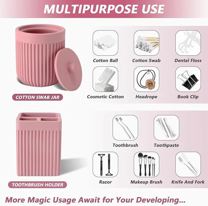 XLHOMO Resin Pink Bathroom Accessories Set 5 Pcs, Lotion Soap Dispenser, Toothbrush Holder, Bathroom Tumbler, Qtip Holder and Vanity Tray, Bathroom Countertop Organizer Set for Modern Home Apartment - ModernBath