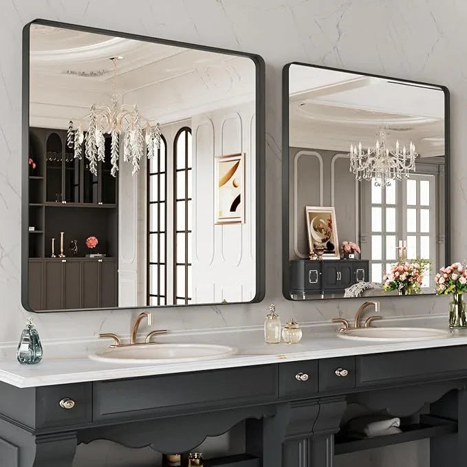LOAAO 32X32 Inch Black Metal Framed Bathroom Mirror for Wall, Matte Black Bathroom Vanity Mirror Farmhouse, Anti-Rust, Hangs Horizontally or Vertically - ModernBath