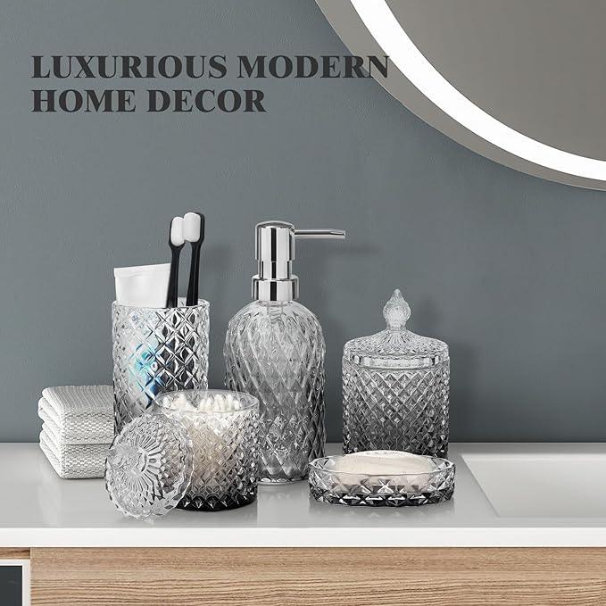 Bathroom Accessories Set, 5Pcs Bathroom Soap Dispenser Set, Glass Bathroom Accessories with Glass Soap Dispenser, Soap Dish, Toothbrush Holder, Tumbler, Qtip Holder - ModernBath