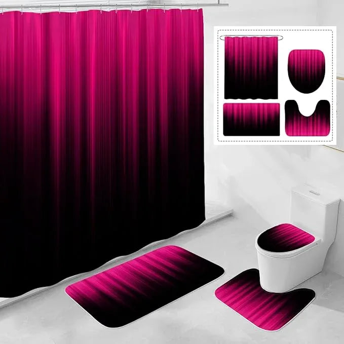Litabel 4 Pcs Hot Pink and Black Gradient Shower Curtain Set with Rugs and Toilet Lid Cover, Modern Simple Waterproof Fabric Bathroom Set, Ombre Stripe Gothic Abstract Bathroom Decor Set Accessories - ModernBath