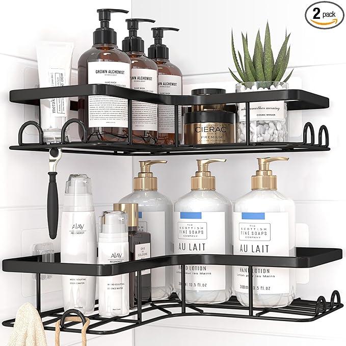 Corner Shower Caddy - 2 Pack, Adhesive Shower Organizers, Rustproof Stainless Steel Shower Shelves with 8 Hooks, No Drilling Bathroom Organizers and Storage Racks, Space-Saving, Black, Large - ModernBath