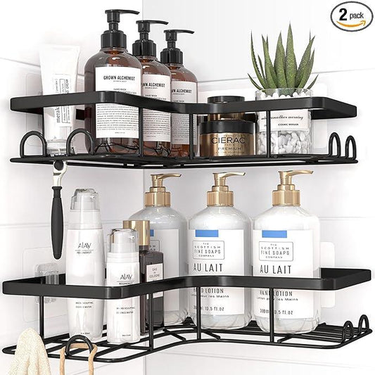 Corner Shower Caddy - 2 Pack, Adhesive Shower Organizers, Rustproof Stainless Steel Shower Shelves with 8 Hooks, No Drilling Bathroom Organizers and Storage Racks, Space-Saving, Black, Large - ModernBath