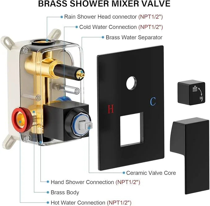 FPXRNG Black Shower Faucet Set, Rainfall Shower System with Square Shower Head and Handle Set, Wall Mounted Shower Fixtures, Full Metal Trim Repair Kit 12 inch Matte Black (With Shower Valve) - ModernBath
