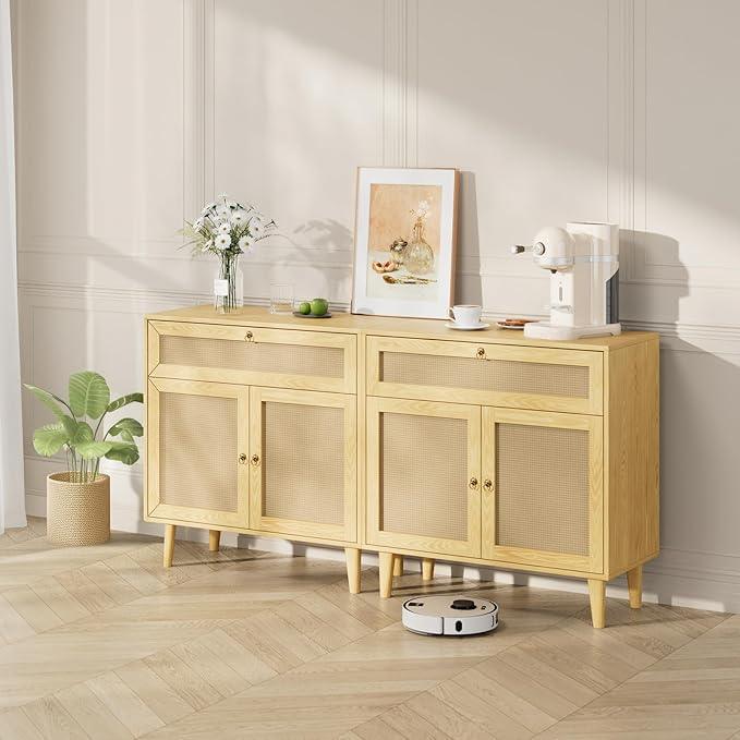 Storage Cabinet with Rattan Decor Doors & Drawer, Modern Bathroom Floor Storage Cabinet Organizer, Freestanding Cupboard for Kitchen/Living Room Use - ModernBath