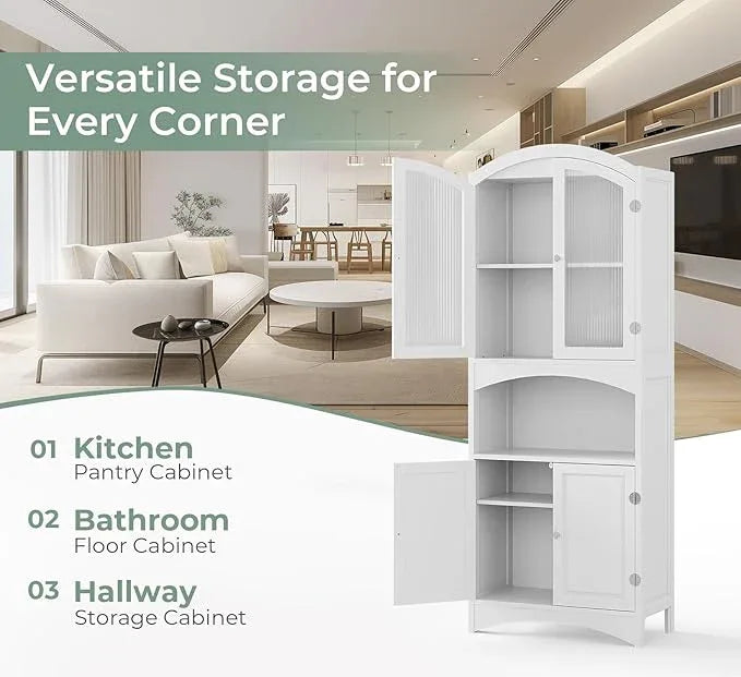 Kitchen Pantry Cabinet, Upgraded All Painted Tall Bathroom Cabinet, Modern White Kitchen Hutch W/Microwave Stand & Fluted Glass Doors, White Wooden Storage Cabinet for Living Dining Room - ModernBath