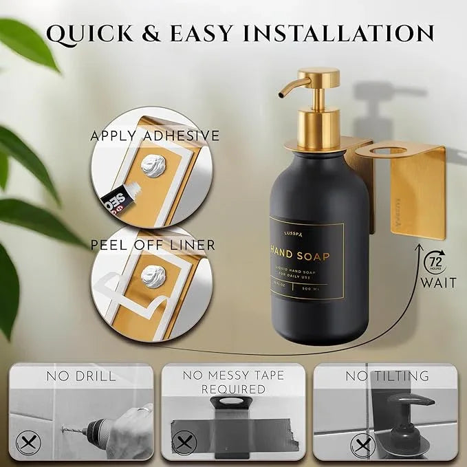 Shampoo & Conditioner Dispenser - Shower Soap Dispenser Wall Mounted - 16.9 Oz Plastic Bottle with Pump & Holder - Shampoo Dispenser - Shower Dispenser Chamber No Drill (1 X Black/Gold) - ModernBath