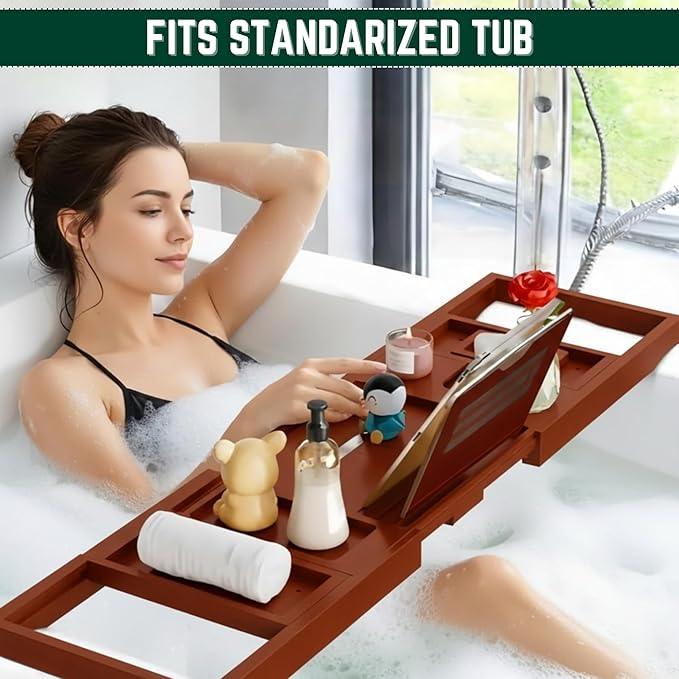 Bamboo Bathtub Caddy Tray Expandable & Foldable Bath Shelfwith Book, Tablet & Wine Holder Adjustable Wooden Bath Tray for Relaxing Spa atHome – Fits Most Tub Sizes. - ModernBath
