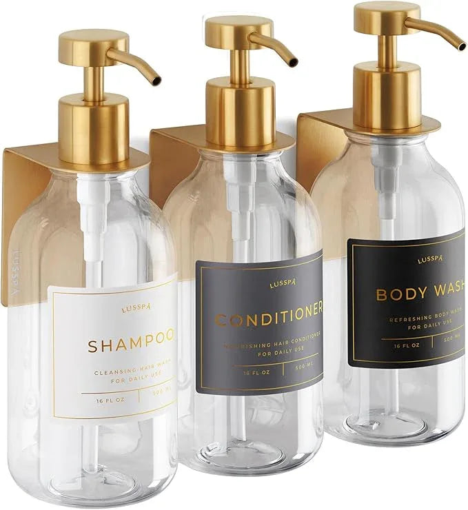 Shampoo & Conditioner Dispenser - Shower Soap Dispenser Wall Mounted - Set of 3 16.9 Oz Plastic Bottles with Pump & Holder - Shampoo Dispenser - Shower Dispenser Chamber No Drill (3 X Clear/Gold) - ModernBath