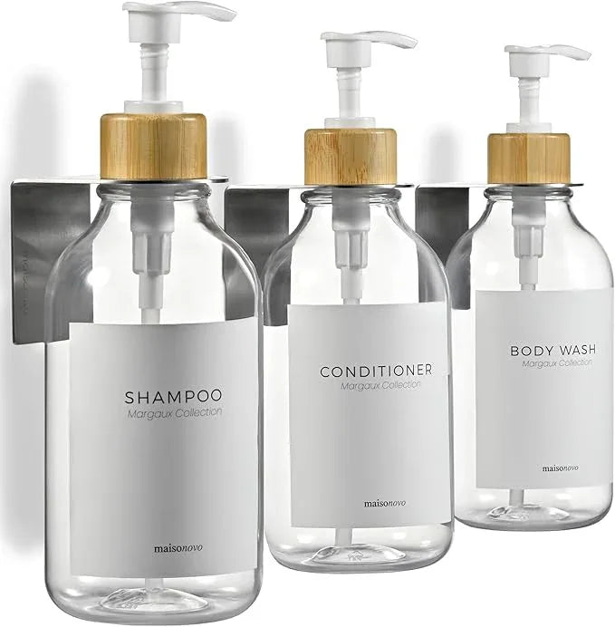 MaisoNovo Shampoo and Conditioner Dispenser - Shower Soap Dispenser Wall Mounted - 16.9 fl oz Set of 3 Clear Plastic Bottles White Bamboo Pump - Shampoo Dispenser, Shower Dispenser 3 Chamber No Drill - ModernBath
